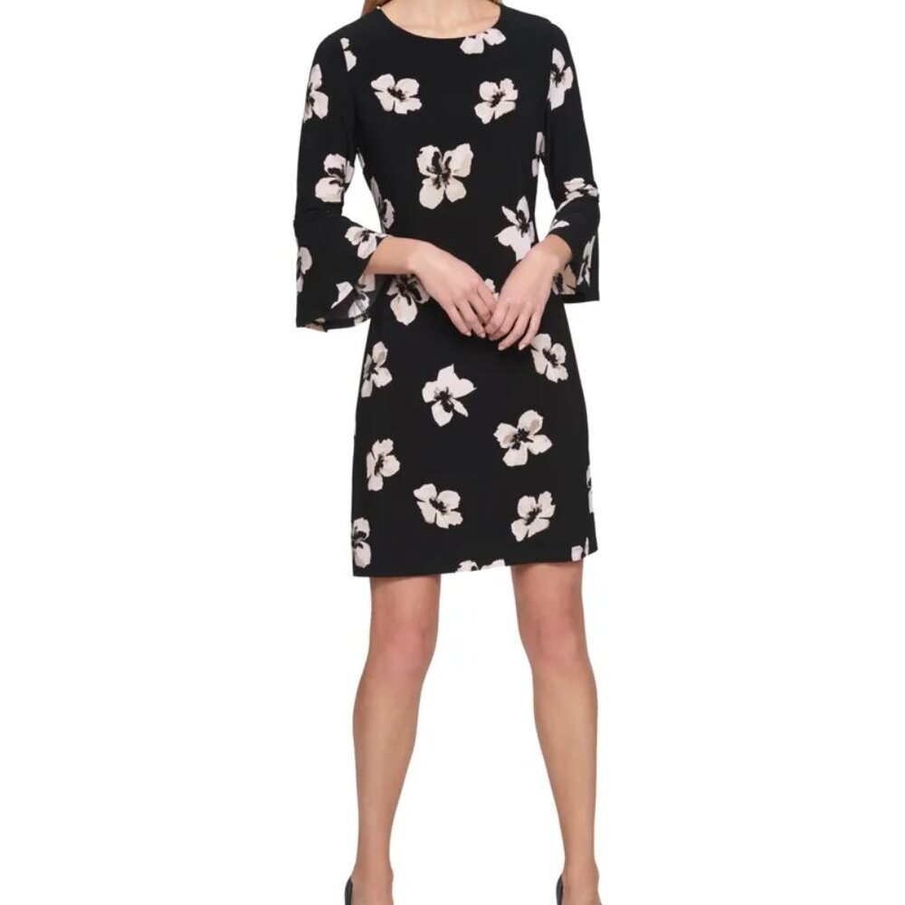 Tommy Hilfiger Printed Jersey Bell Sleeve A-line Dress Blk/Yellow Floral Size 4